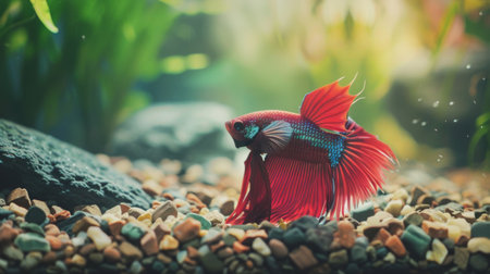 A betta fish hunting for food among the gravel substrate of its aquarium, with its keen senses and swift movements on full display.の素材