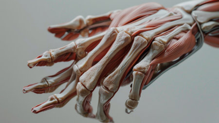 A close-up of a human hand, highlighting the bones and tendons beneath the skin in a detailed and anatomically accurate view.の素材