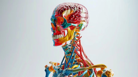 A 3D visualization of the human skeletal system, with bones color-coded to distinguish between different regions of the body.の素材