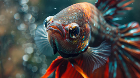 A close-up of a betta fish's face, with expressive eyes and intricate patterns adding personality and charm to this captivating speciesの素材