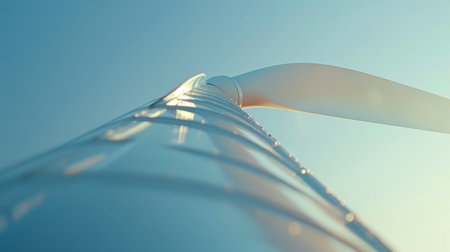 A close-up of a wind turbine blade against a clear blue sky, illustrating the sleek and modern design of renewable energy technology.の素材