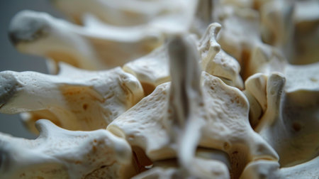 A close-up of a human spine model, demonstrating the curvature and intervertebral discs that provide support and flexibilityの素材