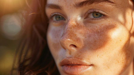A close-up of a woman's radiant, flawless complexion, glowing with health and vitality, showcasing the beauty of natural skincare.の素材