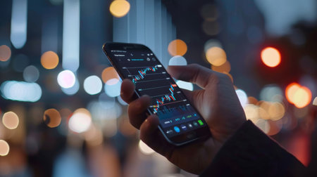 A close-up of a businessman's hand holding a smartphone with a stock market app open, monitoring portfolio performance graphs.の素材