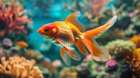 A close-up of a regal goldfish swimming gracefully against a backdrop of colorful coral and artificial decorations in its tank.の素材