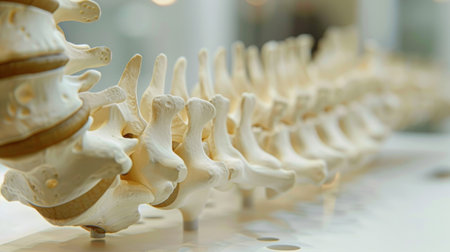 A close-up of a human spine model, demonstrating the curvature and intervertebral discs that provide support and flexibilityの素材
