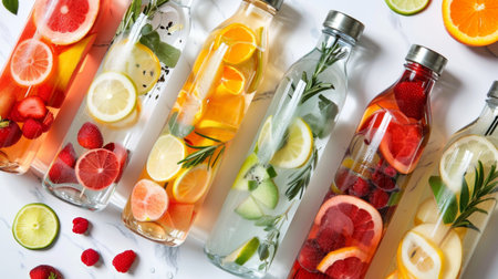 A colorful assortment of fruit-infused water in glass bottles, showcasing a healthy and flavorful hydration option.の素材