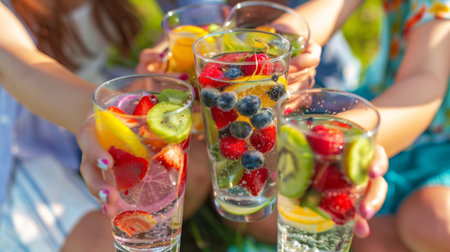 A group of friends enjoying glasses of fruit-infused water at a picnic, with colorful fruits adding a festive touch to their hydration.の素材