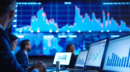 A financial expert explaining stock market graphs and trends to a group of attentive investors during a seminar.の素材