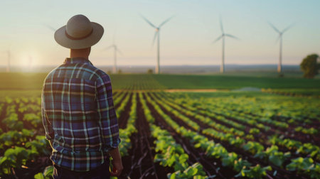 A farmer standing in a field of crops with wind turbines in the background, showcasing the harmonious coexistence of agriculture and renewable energy.の素材