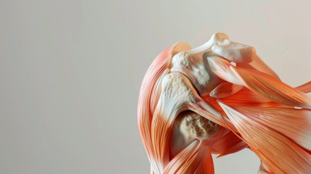 A medical illustration of the human shoulder joint, depicting the ball-and-socket structure and surrounding muscles for mobilityの素材