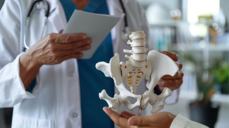 A medical professional holding a model of the human pelvis, explaining the structure and function of the pelvic bones to a patient.の素材