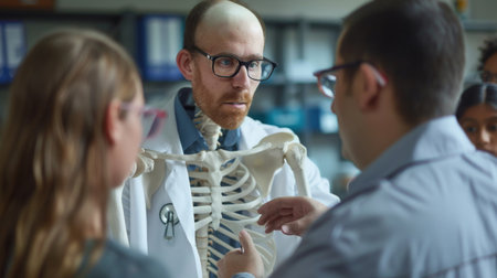 A medical professional examining a model of the human skeleton, explaining anatomy and bone structure to a group of students.の素材