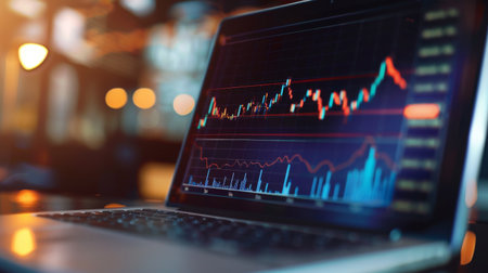 A laptop screen displaying a stock market graph with fluctuating trends, symbolizing the dynamic nature of stock trading.の素材