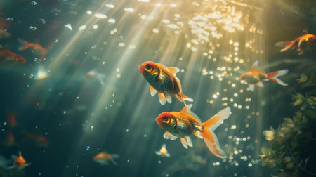 A mesmerizing underwater view of a goldfish tank, with bubbles rising and sunlight filtering through the water, creating a tranquil ambiance.の素材