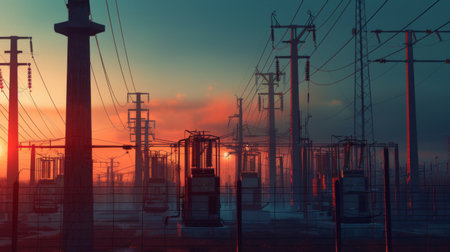 A power distribution substation with transformers and electrical equipment surrounded by rows of utility poles and transmission lines.の素材