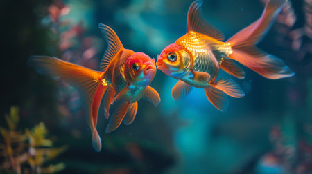 A pair of goldfish swimming together in perfect harmony, their graceful movements and vibrant colors creating a mesmerizing sight.の素材