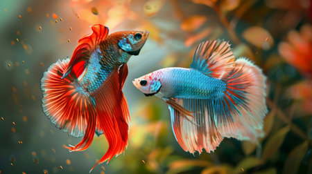 A pair of betta fish engaged in a courtship dance, with the male displaying vibrant colors and intricate fin movements to impress the female.の素材