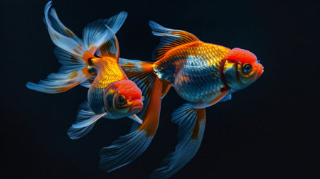 A pair of goldfish swimming together in perfect harmony, their graceful movements and vibrant colors creating a mesmerizing sight.の素材