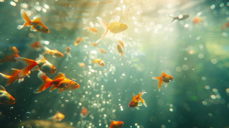 A mesmerizing underwater view of a goldfish tank, with bubbles rising and sunlight filtering through the water, creating a tranquil ambiance.の素材
