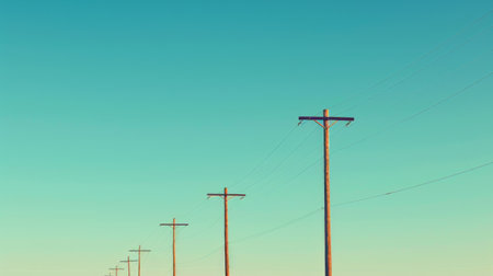 A row of tall electric utility poles standing against a clear blue sky, with power lines stretching into the distance, symbolizing energy distribution.の素材