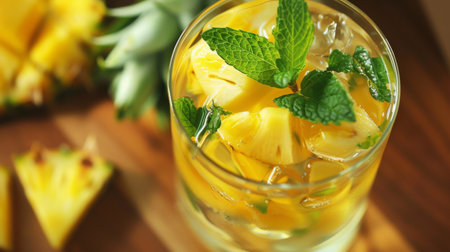 A refreshing glass of pineapple and mint-infused water, with slices of fresh fruit floating in the cool, clear liquid.の素材