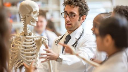 A medical professional examining a model of the human skeleton, explaining anatomy and bone structure to a group of students.の素材