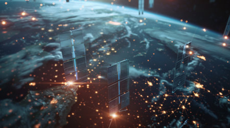 A satellite array orbiting the Earth, transmitting signals and data for communication and navigation purposes.の素材