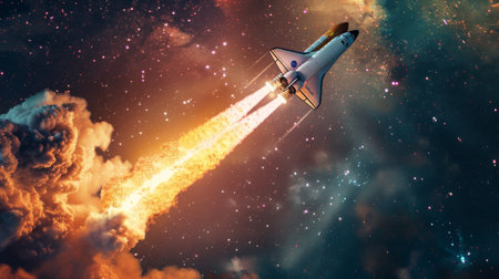 A space shuttle launching into orbit against a backdrop of stars, flames billowing from its engines as it soars skyward.の素材