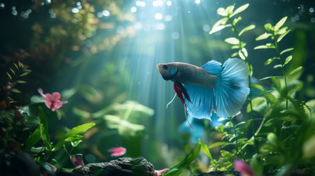 A serene underwater scene of a betta fish tank, with soft lighting and peaceful ambiance creating a tranquil retreat for relaxation.の素材