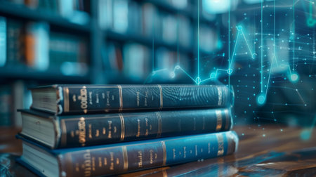 A stack of books with graph symbols on the covers, representing knowledge and education in data analysis and statistics.の素材