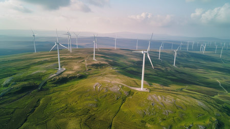 A panoramic view of a wind farm stretching across the horizon, with rows of turbines turning gracefully in the breeze.の素材