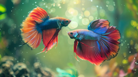A pair of male betta fish engaged in a territorial display, flaring their fins and displaying vibrant colors in a captivating underwater dance.の素材