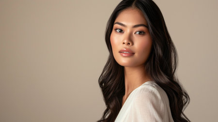 A portrait of a young woman with sleek, polished hair, exuding elegance and grace as she poses against a neutral background.の素材