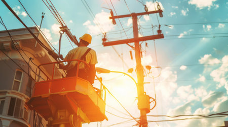 A technician using a bucket truck to perform maintenance work on overhead power lines, ensuring safety and efficiency in electricity distribution.の素材