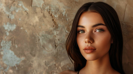 A portrait of a young woman with sleek, polished hair, exuding elegance and grace as she poses against a neutral background.の素材