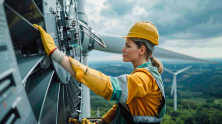 A technician performing routine maintenance on a wind turbine nacelle, ensuring efficient operation and longevity of the equipment.の素材