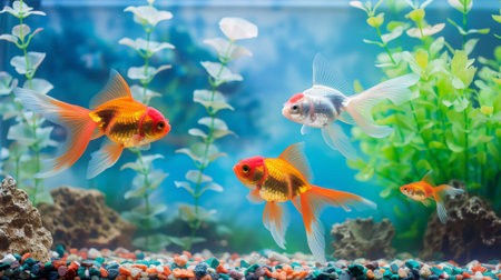 A vibrant aquarium filled with beautiful goldfish swimming gracefully in crystal-clear water, adding color and life to any space.の素材