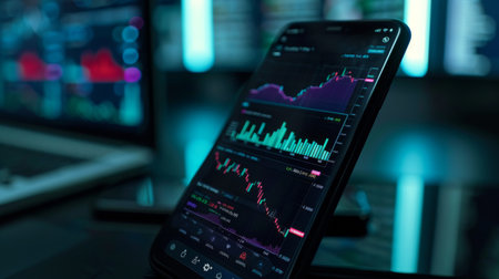 A smartphone screen displaying a stock portfolio app with real-time updates on stock prices and performance graphs.の素材