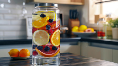 A stylish glass water dispenser filled with slices of citrus fruits and berries, offering a visually appealing and hydrating beverage option.の素材