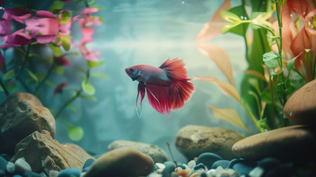 A serene underwater scene of a betta fish tank, with soft lighting and peaceful ambiance creating a tranquil retreat for relaxation.の素材
