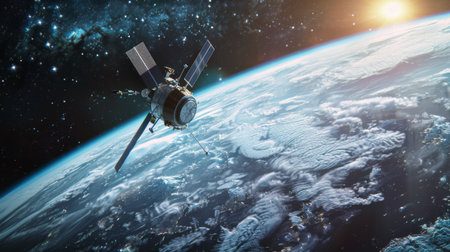 A satellite orbiting a distant planet, gathering data on its atmosphere and surface features with precision instruments.の素材