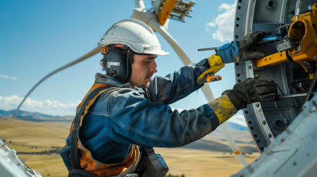 A technician performing routine maintenance on a wind turbine nacelle, ensuring efficient operation and longevity of the equipment.の素材