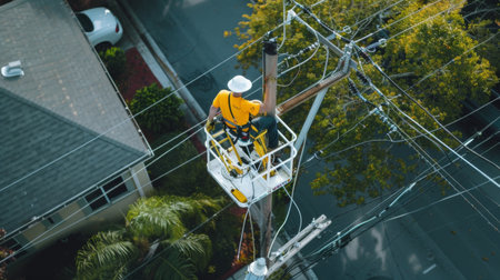 A technician using a bucket truck to perform maintenance work on overhead power lines, ensuring safety and efficiency in electricity distribution.の素材