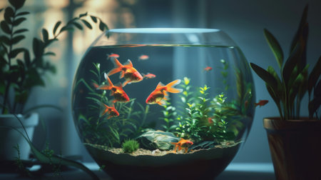 A tranquil underwater scene of a goldfish tank with soft lighting and peaceful ambiance, providing a soothing retreat from the hustle and bustle of daily life.の素材