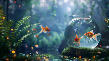 A tranquil underwater scene of a goldfish tank with soft lighting and peaceful ambiance, providing a soothing retreat from the hustle and bustle of daily life.の素材