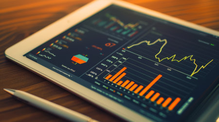 A tablet screen displaying real-time stock market graphs and charts with interactive features for data analysis.の素材