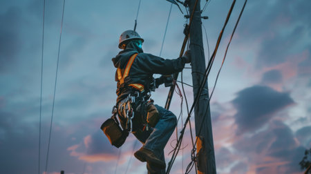 A technician wearing safety gear climbing a utility pole to inspect or repair power lines, ensuring reliable electricity transmission.の素材