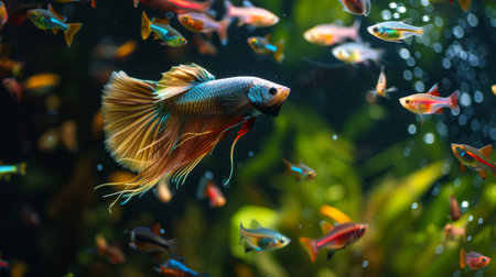 A betta fish chasing after a school of colorful tetras in a community aquarium, its natural hunting instincts on full display.の素材