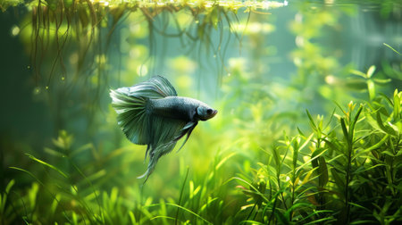 A betta fish swimming gracefully through a forest of aquatic plants, its sleek body gliding effortlessly through the water.の素材